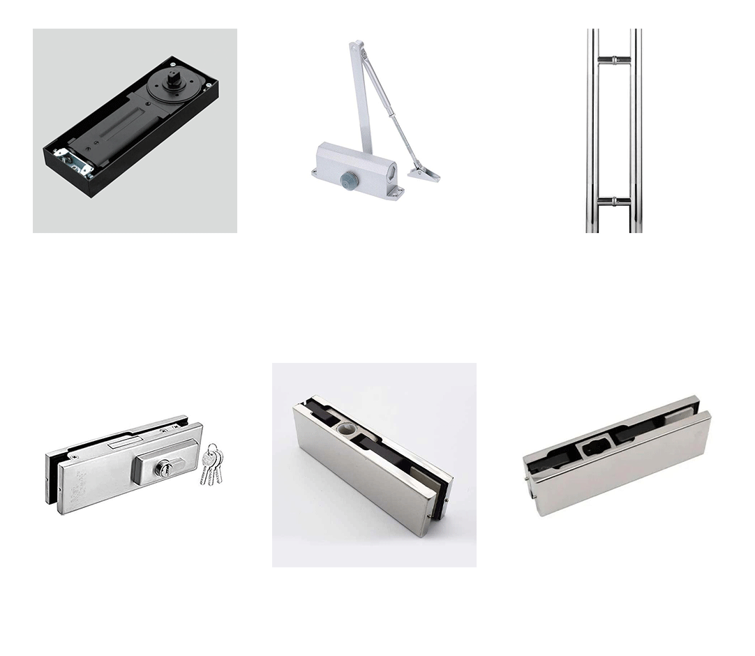 Glass door hardware range: patch fittings, locks, hinges and handles
